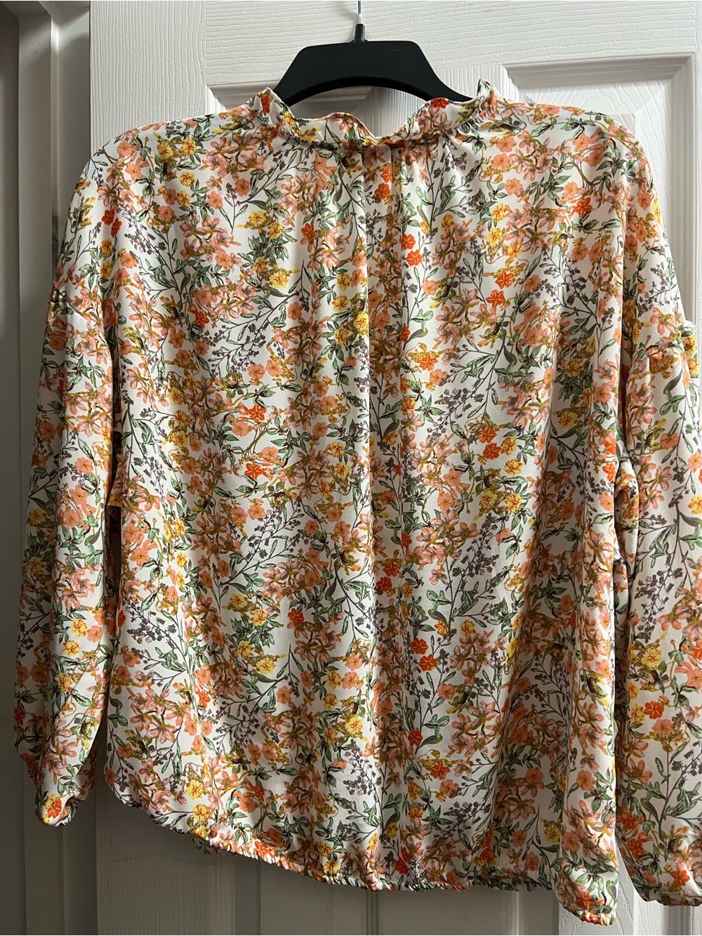 Floral Ruffle V-Neck Blouse - White with Orange & Green Floral - Picture 2 of 3